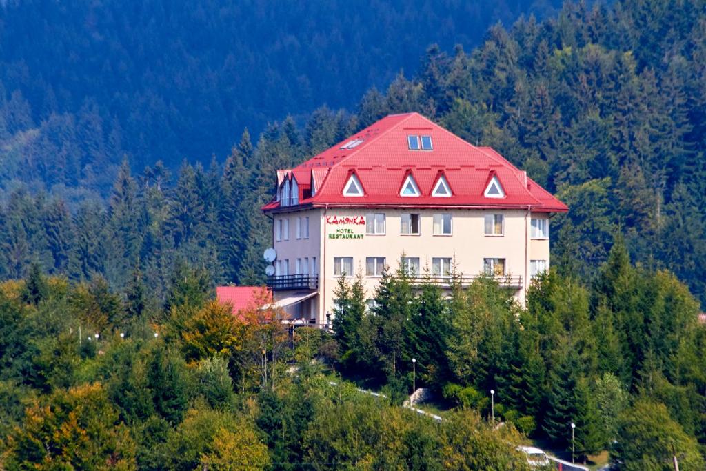 米日吉里亚卡姆扬卡度假酒店的一座大建筑,在山坡上设有红色屋顶