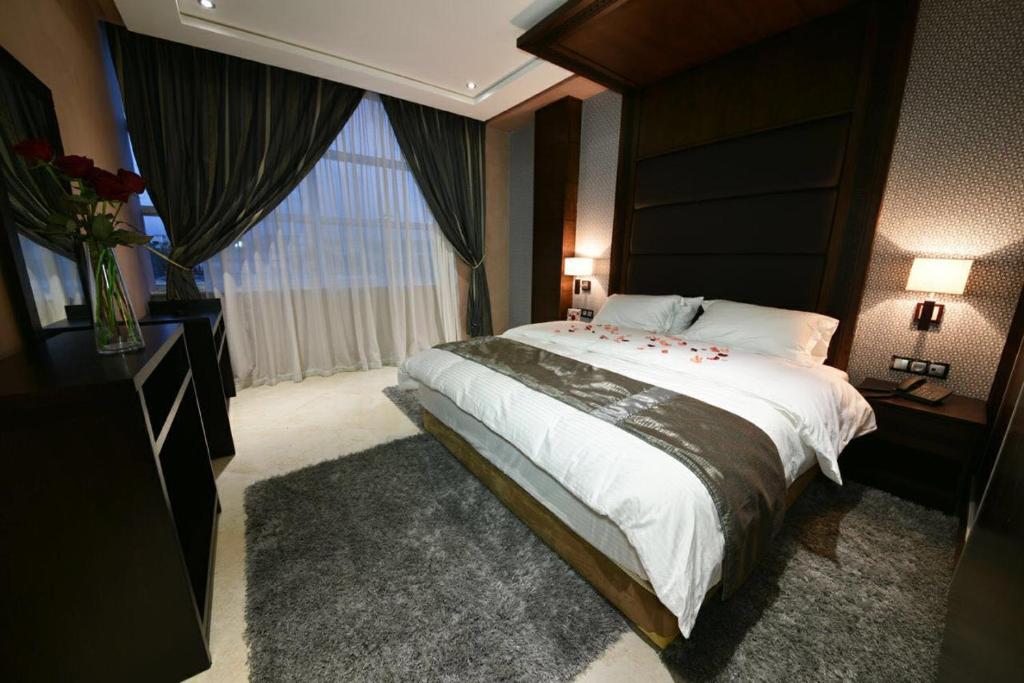 萨伊迪耶Bellington Appart Hôtel的一间卧室设有一张大床和一个大窗户