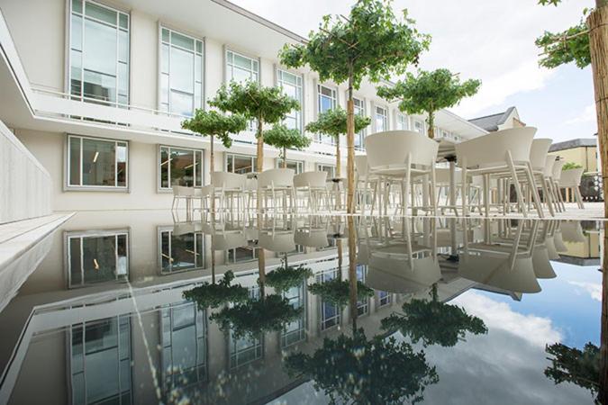 维尔茨堡布卡拉瑞希豪斯圆顶会议中心旅馆的一座在水中带椅子和树木的建筑
