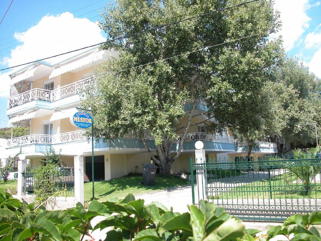 托罗尼内斯特酒店的前面有棵树的白色建筑