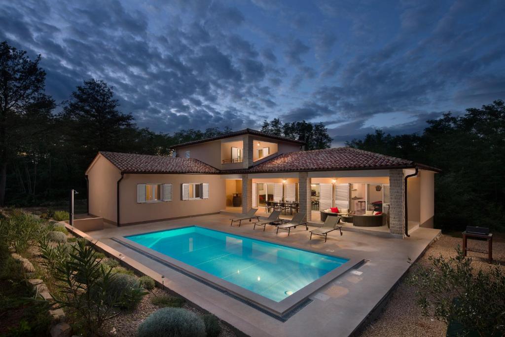 内德斯奇纳Istrian Villa Happy House的庭院中带游泳池的房子