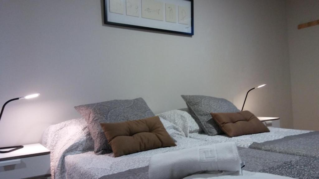 萨里亚Alma del Camino - Rooms & Albergue的一间卧室配有一张带两个枕头的床