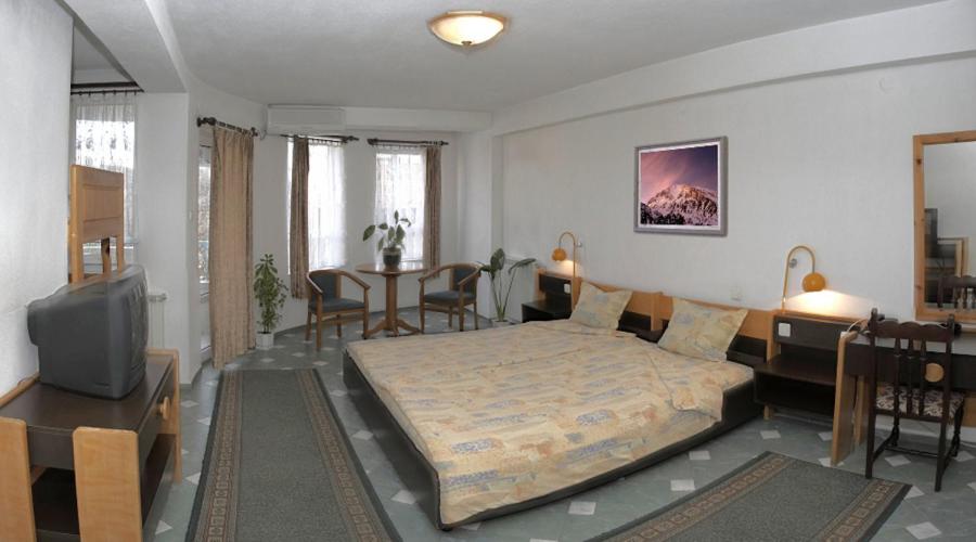 桑丹斯基巴尔沃罗浮酒店的一间卧室配有一张床、一张桌子和一台电视。