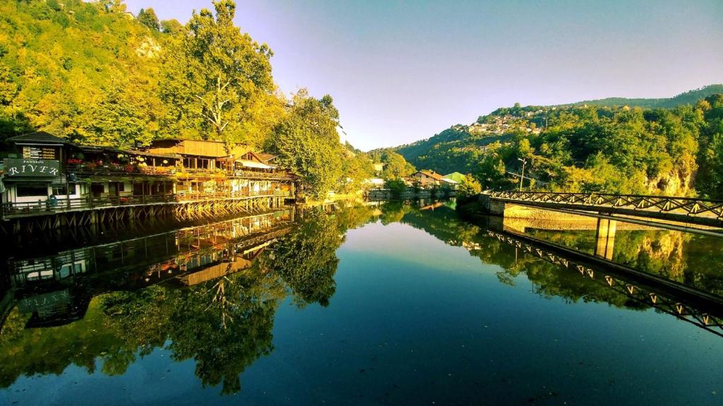 萨拉热窝潘申河酒店的享有河流、桥梁和树木的景色