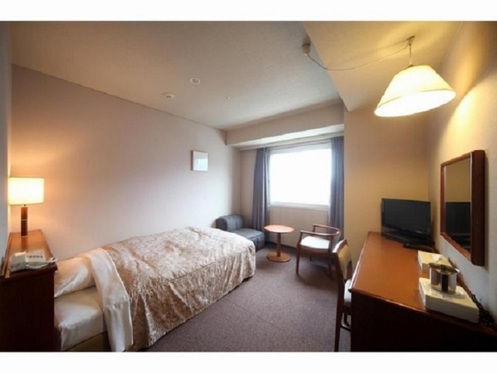 Echizen武生皇冠山酒店的酒店客房配有一张床、一张书桌和一台电视。