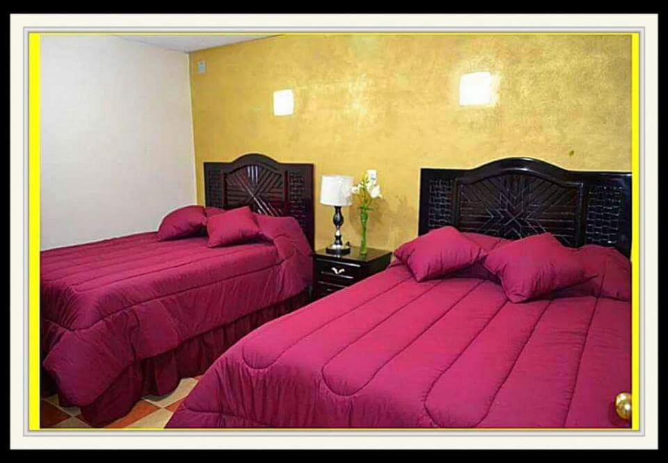 NanacamilpaHotel Milenio Nanacamilpa Tlaxcala的一间卧室配有两张带粉红色床罩的床