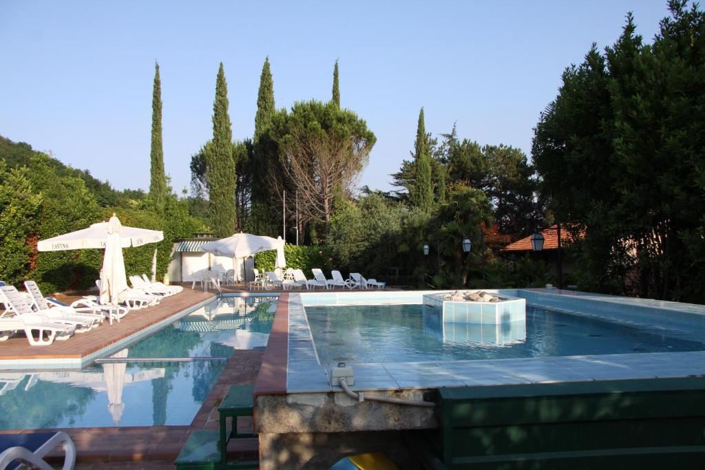 科尔蒙斯Villa Felcaro - Relais, Lodge & Restaurant的一个带椅子和桌子的大型游泳池