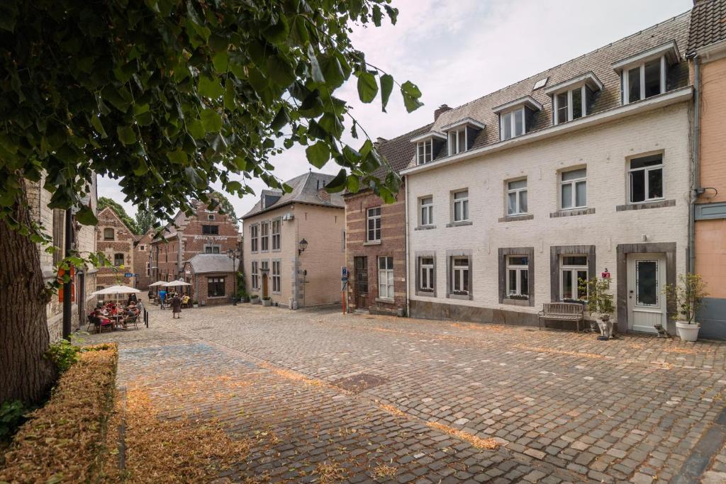 通厄伦Het Begijnhof Tongeren Center的城市中一条鹅卵石街道,有建筑