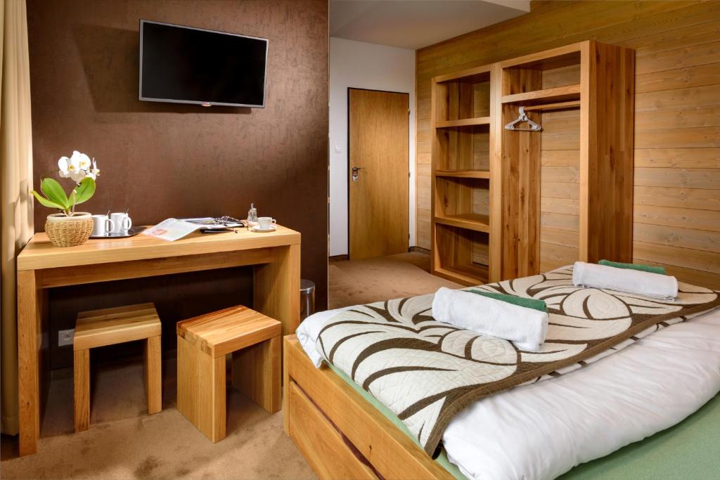 什特尔布斯凯普莱索艾玛维拉酒店的一间卧室配有一张带书桌的床和一台电视。