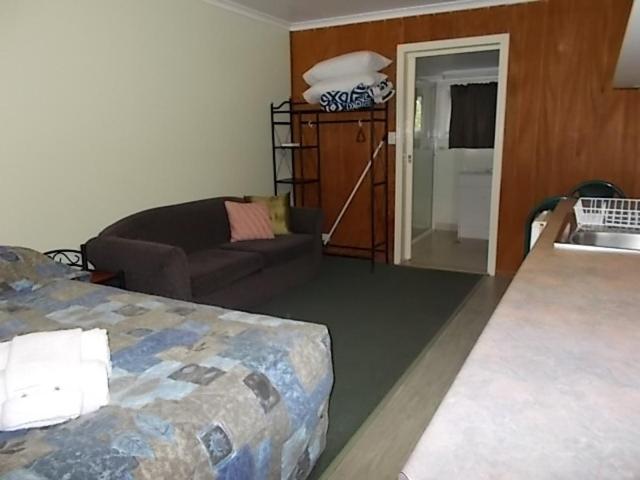 Oakey奥克里奇观光公园汽车旅馆的客房设有床、沙发和水槽。