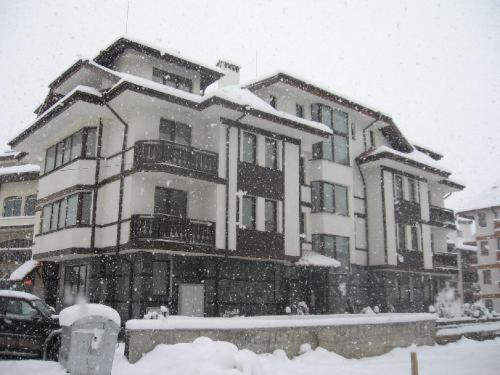 班斯科Sveti Stefan Guest House的前方有雪盖的建筑