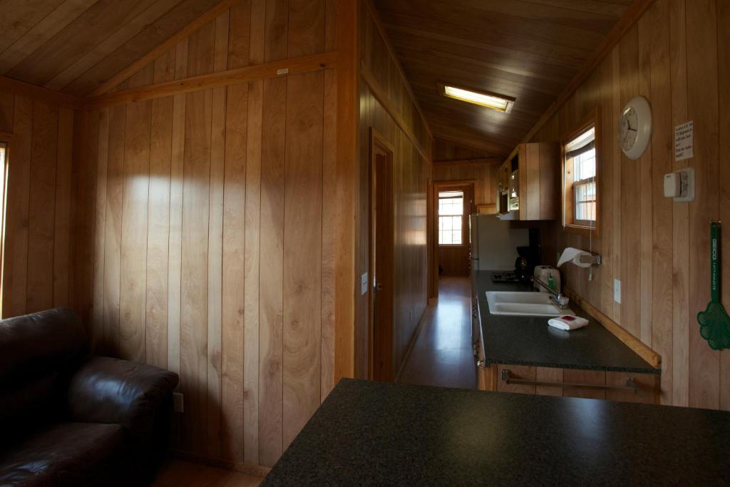 Douglas CenterArrowhead Camping Resort Deluxe Cabin 14的一间厨房,内设木墙和桌子