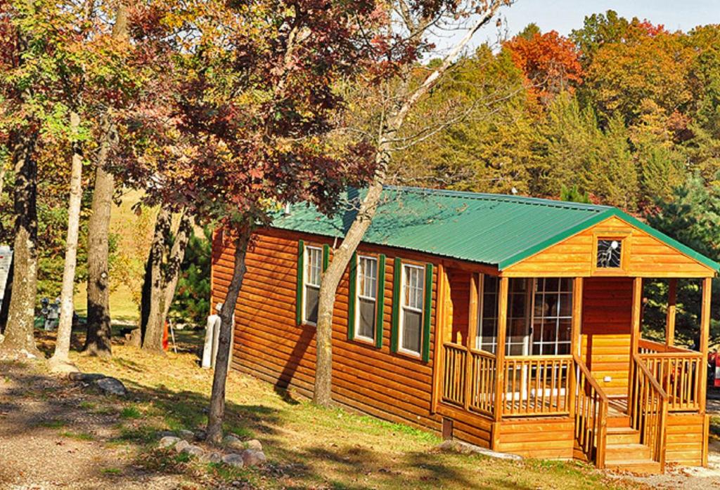 Douglas CenterArrowhead Camping Resort Deluxe Cabin 4的一间拥有绿色屋顶的小小木屋