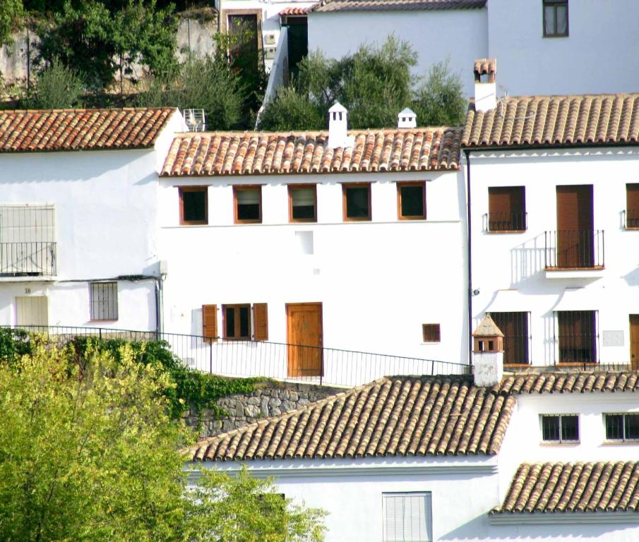 贝纳马奥马Casa Rural El Aljibe的一组白色的建筑,有瓦片屋顶