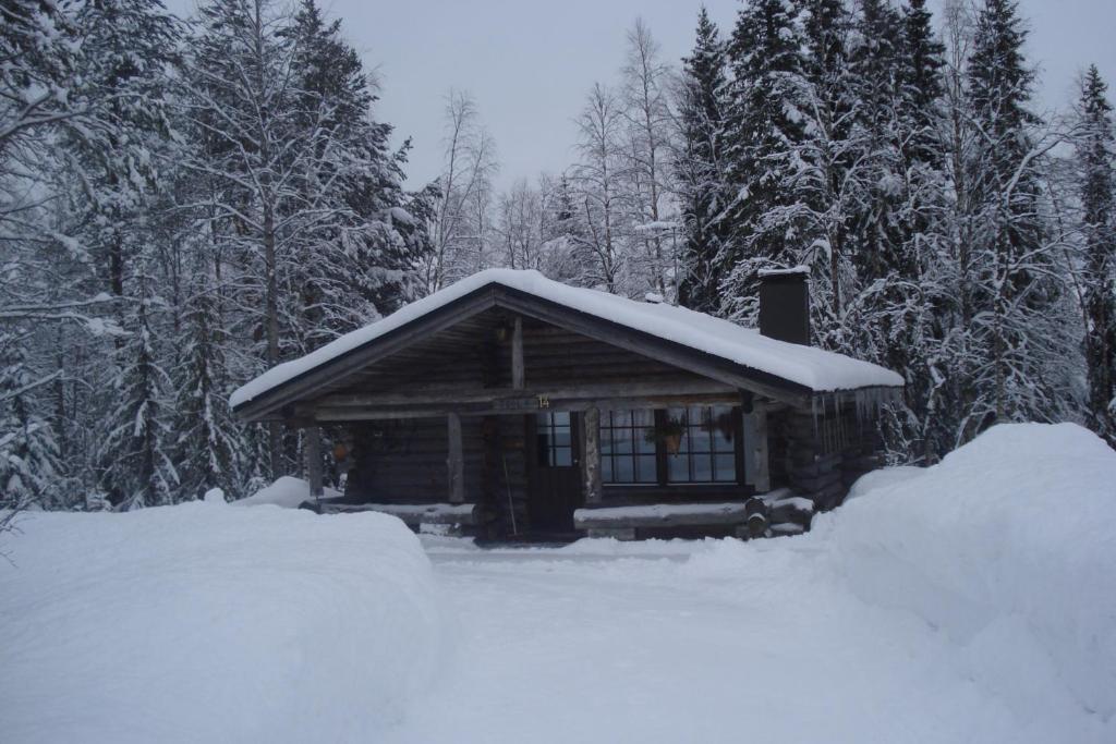 索特Toola-Lodge的树林里屋顶上积雪的小屋