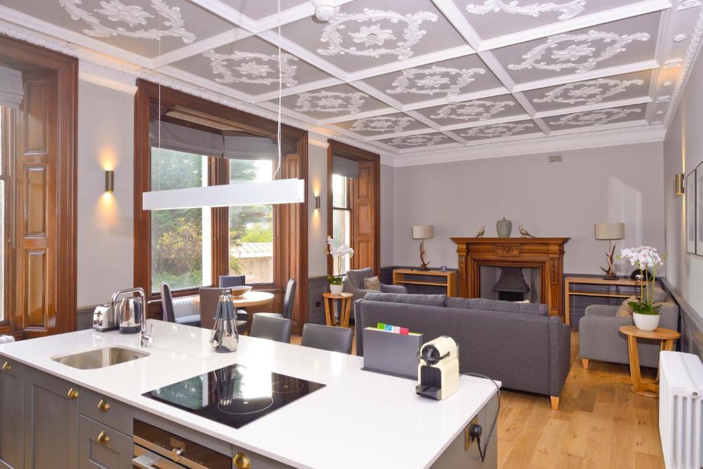 爱丁堡苏格兰迪斯提尼公寓 - 酿酒屋的厨房和带格子天花板的客厅