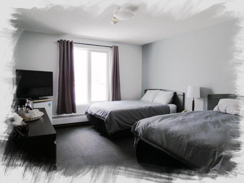 丘吉尔Churchill Hotel的一间卧室配有一张床、一台电视和一个窗口