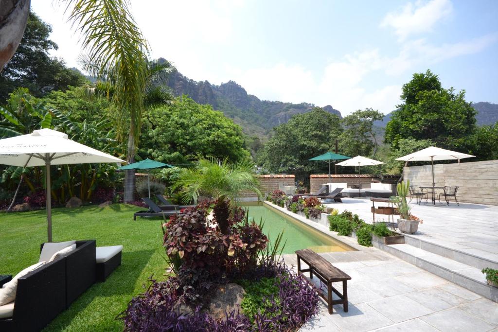 迪坡斯特兰鲁斯提卡SPA精品酒店 的一个带长椅和遮阳伞的花园以及一个游泳池