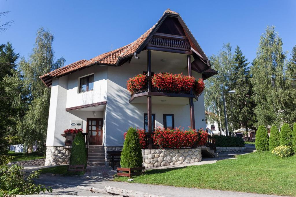 兹拉蒂博尔Vila Zlatiborski biser的前面有花盒的房子