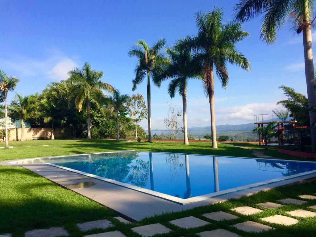 莫约班巴Altavista Casahotel - Asociado Casa Andina的棕榈树庭院内的游泳池