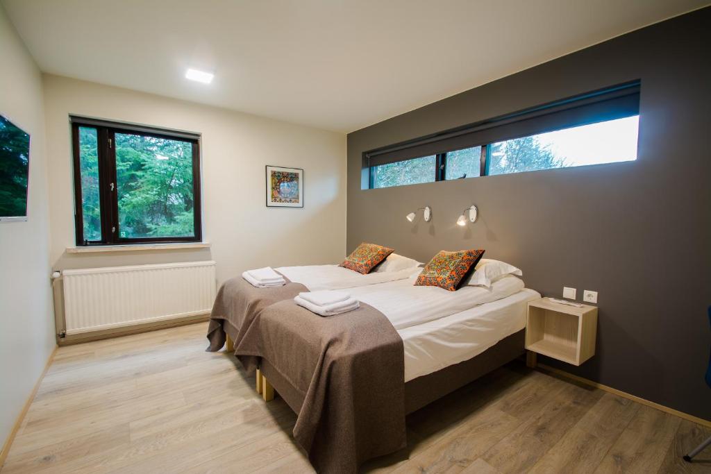 Laugaras布莱库盖尔提住宿加早餐旅馆的一间卧室设有一张床和一个大窗户