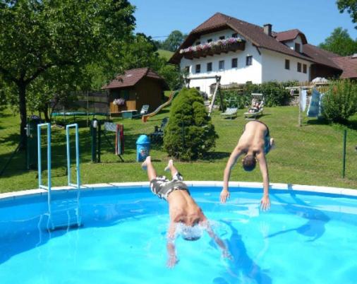 Maria Neustift菲连霍夫法芬列亨酒店的两人在游泳池玩耍