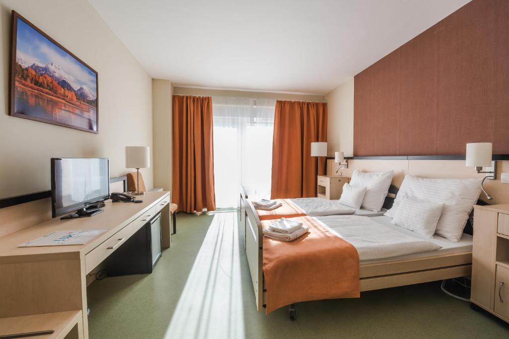 哈卡尼Harkányi Psoriasis Centrum的酒店客房配有一张床和一张书桌及一台电视