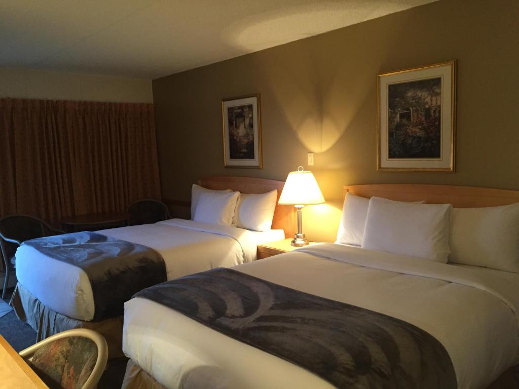 埃德蒙顿伊斯特格兰旅馆的酒店客房,设有两张床和一盏灯