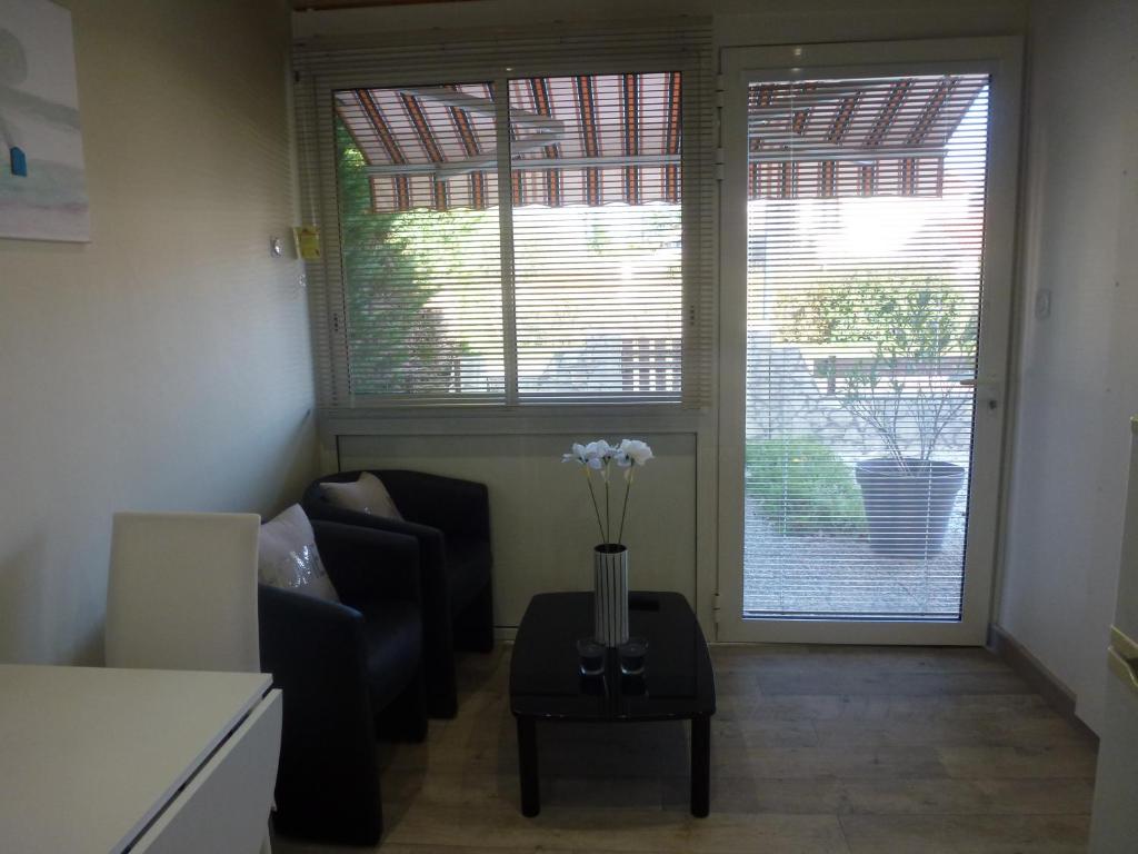 达克斯Appartement proche Centre et Arènes的客厅配有沙发和鲜花桌