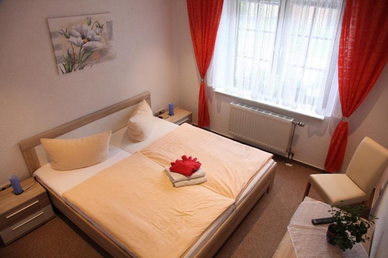 Groß QuassowPension & Gasthof Storchennest的一间卧室,床上有红花