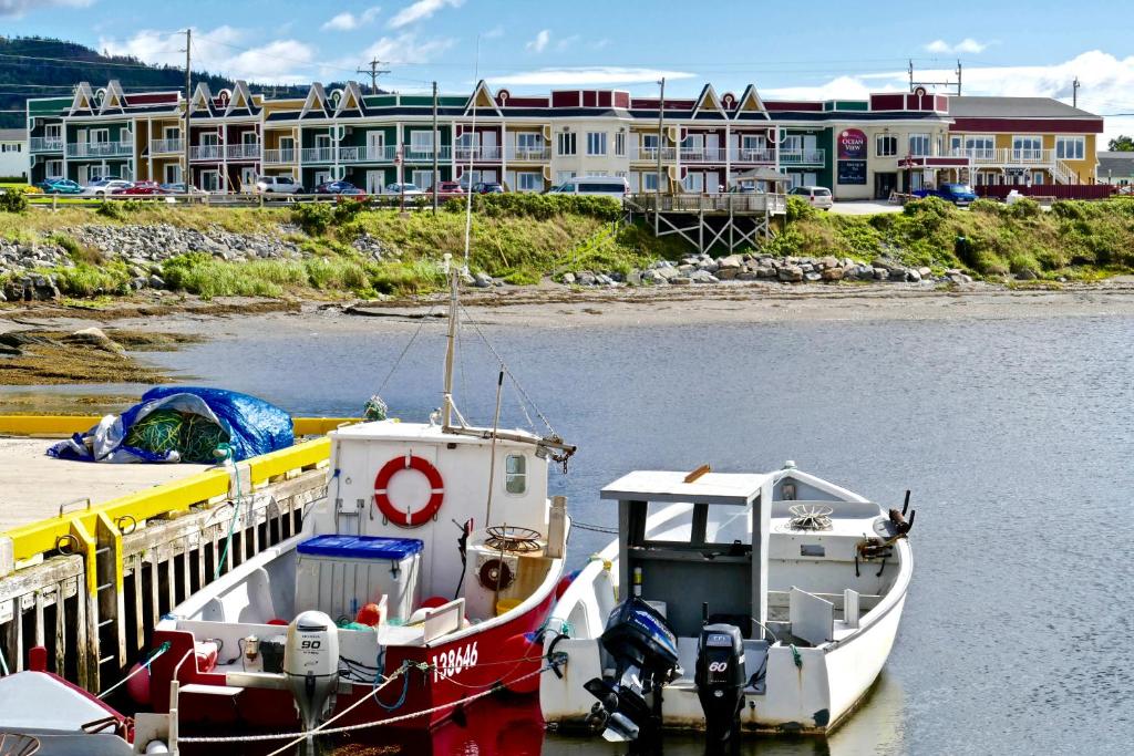 洛基港海景酒店的两艘船停靠在水面上的码头