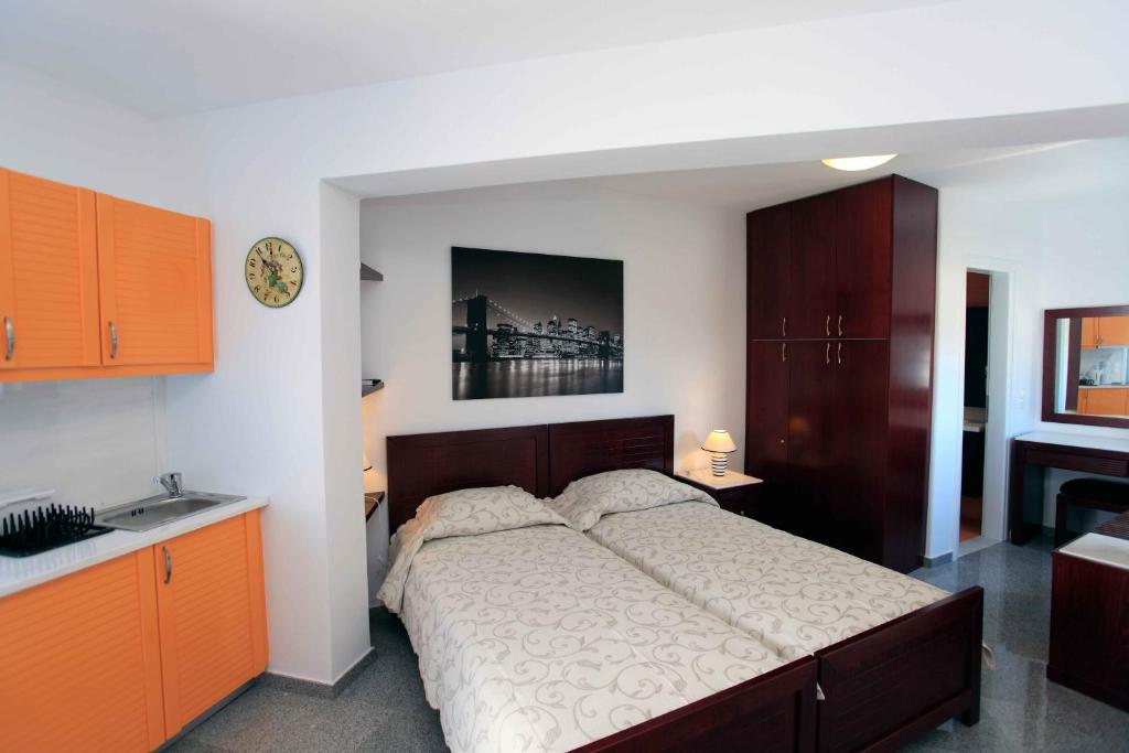 锡基诺斯岛Stegadi Apartments Sikinos的一间卧室设有一张大床和一个水槽