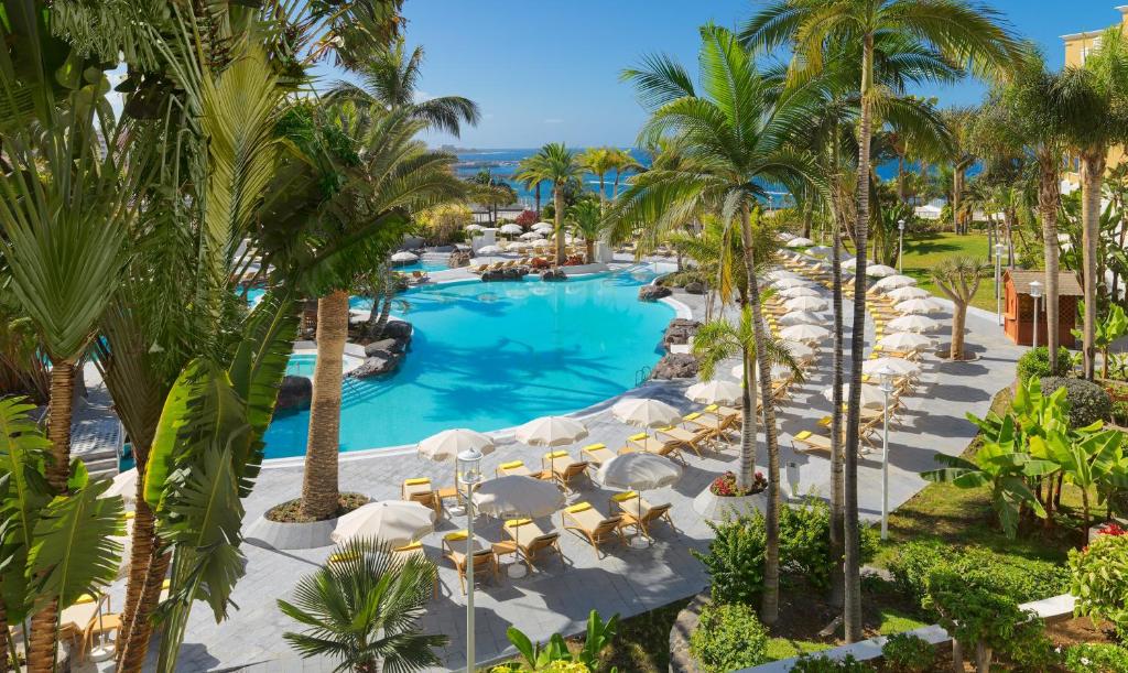 阿德耶尼瓦利亚花园酒店的棕榈树度假村泳池的空中景致