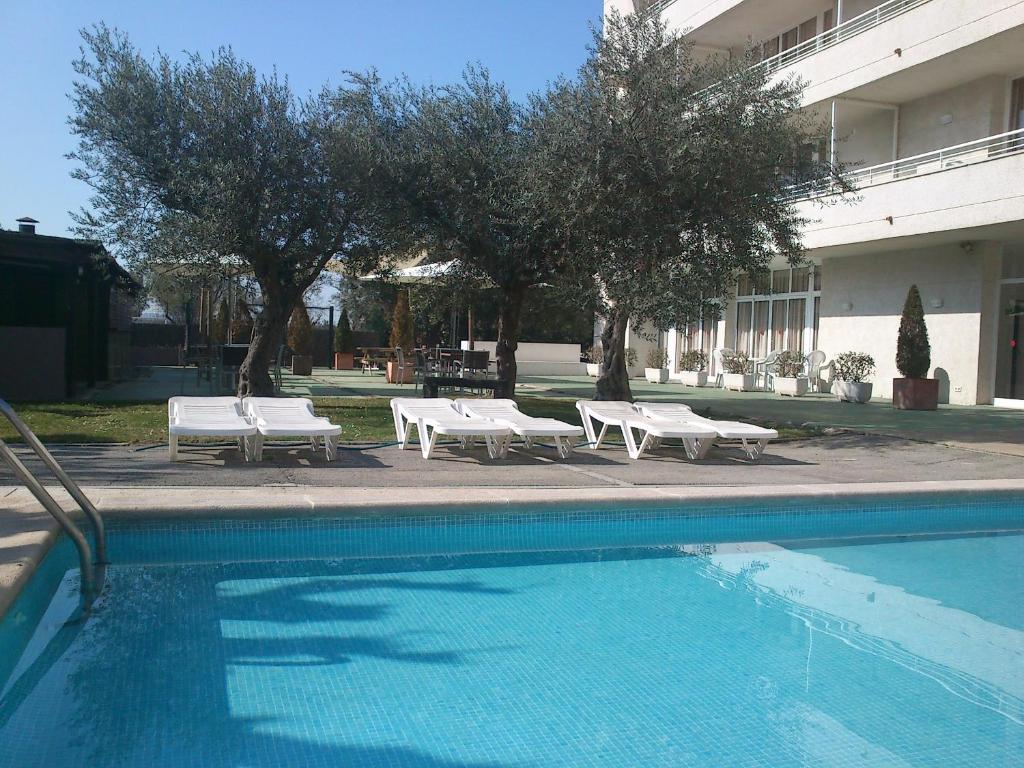 埃斯塔蒂特迈阿密公寓的一座拥有白色长椅和树木的游泳池,位于酒店大楼旁