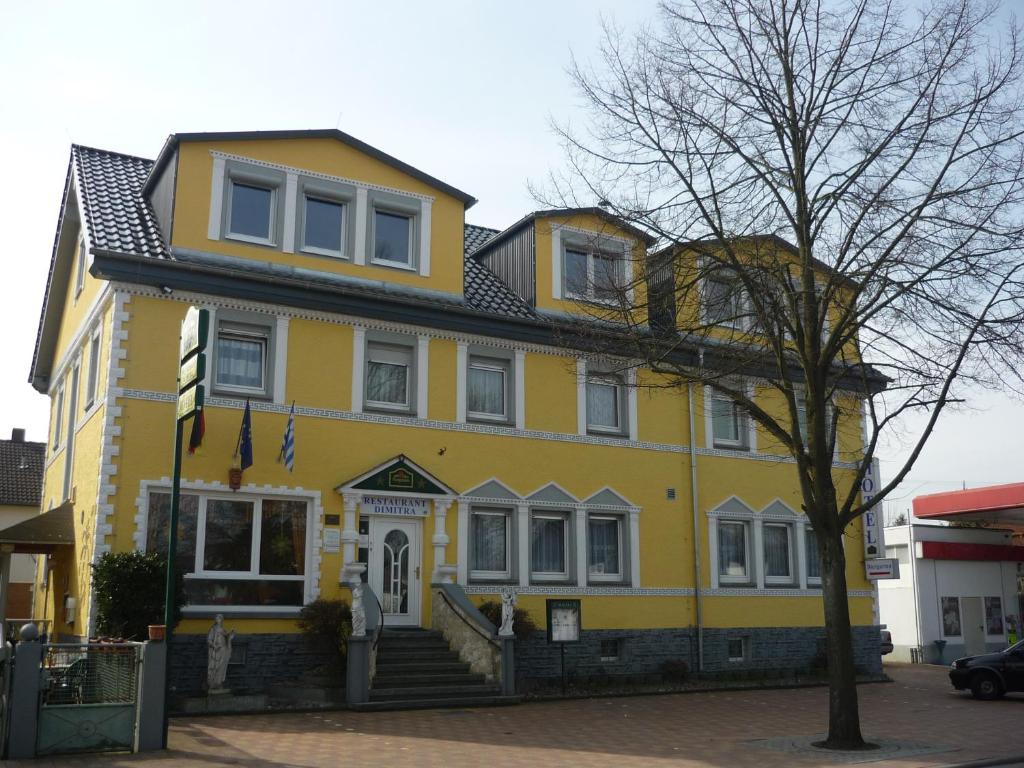 Alsbach-Hähnlein迪米特拉餐厅－酒店的黑色屋顶的黄色房子