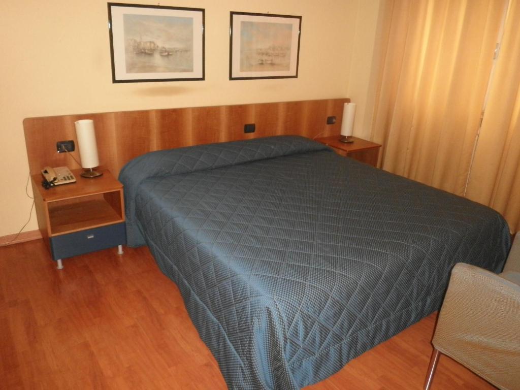 代西奥赛莱德酒店的一间卧室配有一张带蓝色棉被的床