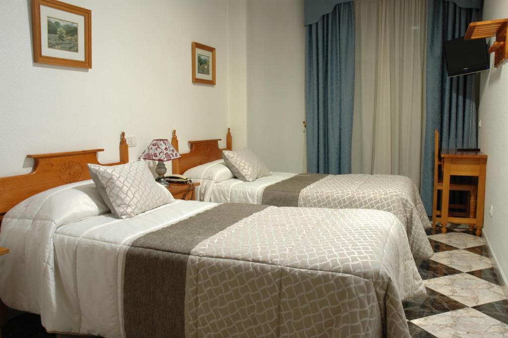 阿索维斯波新镇Hotel Plaza Manjón的酒店客房设有两张床和电视。