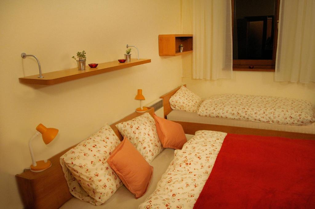 奥什恰德尼察Apartmán 302 Oščadnica的一间设有两张床和红色毯子的房间