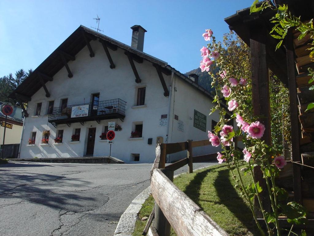 夏蒙尼-勃朗峰小屋滑雪站旅馆的白色的建筑,有栅栏和粉红色的花朵