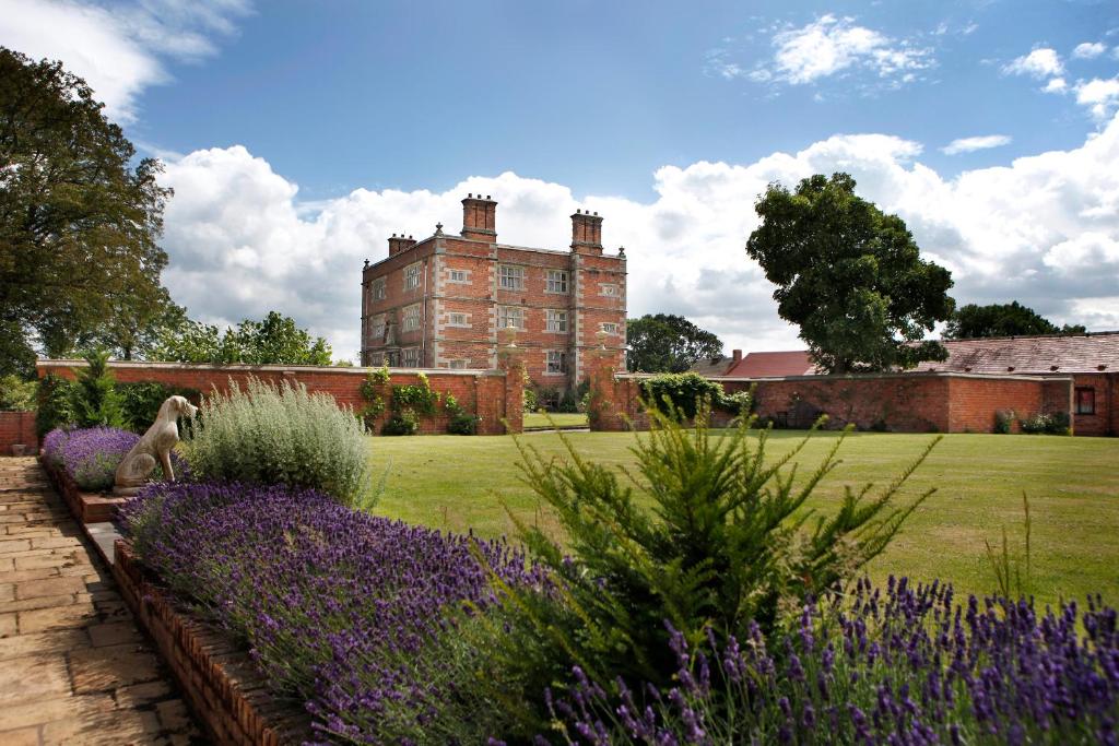 韦姆Soulton Hall的一座花园,在一座建筑前种有紫色花卉