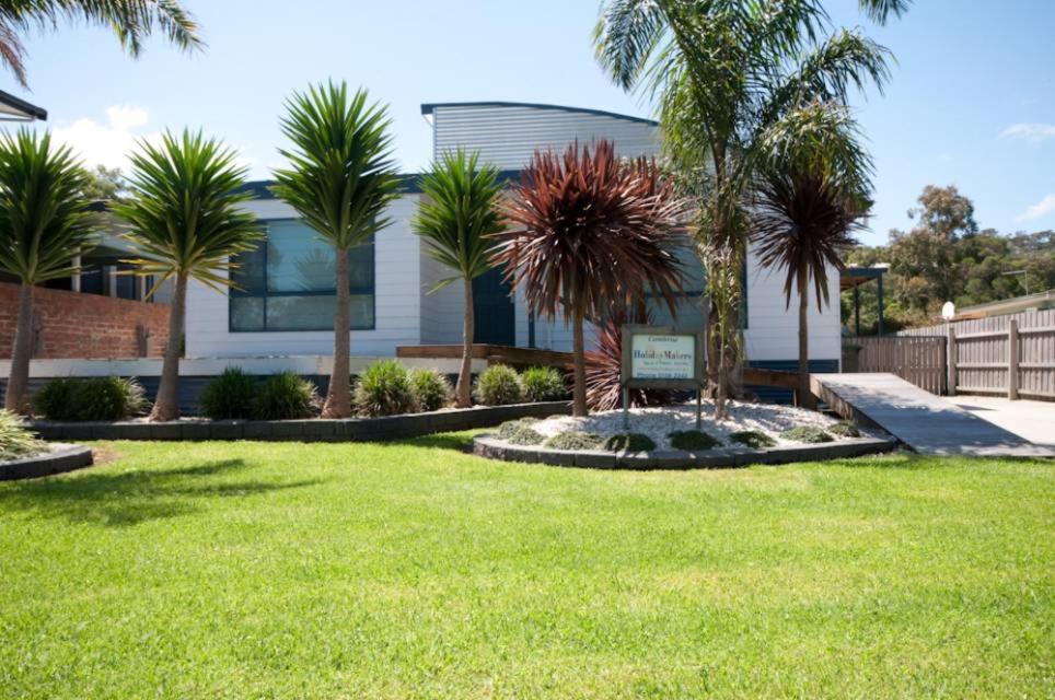 莱克斯恩特伦斯坎布罗度假屋的一座楼前种有棕榈树的草坪