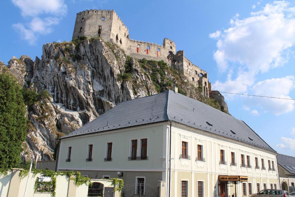BeckovKúria Beckov - Penzión的山顶上一座带城堡的建筑
