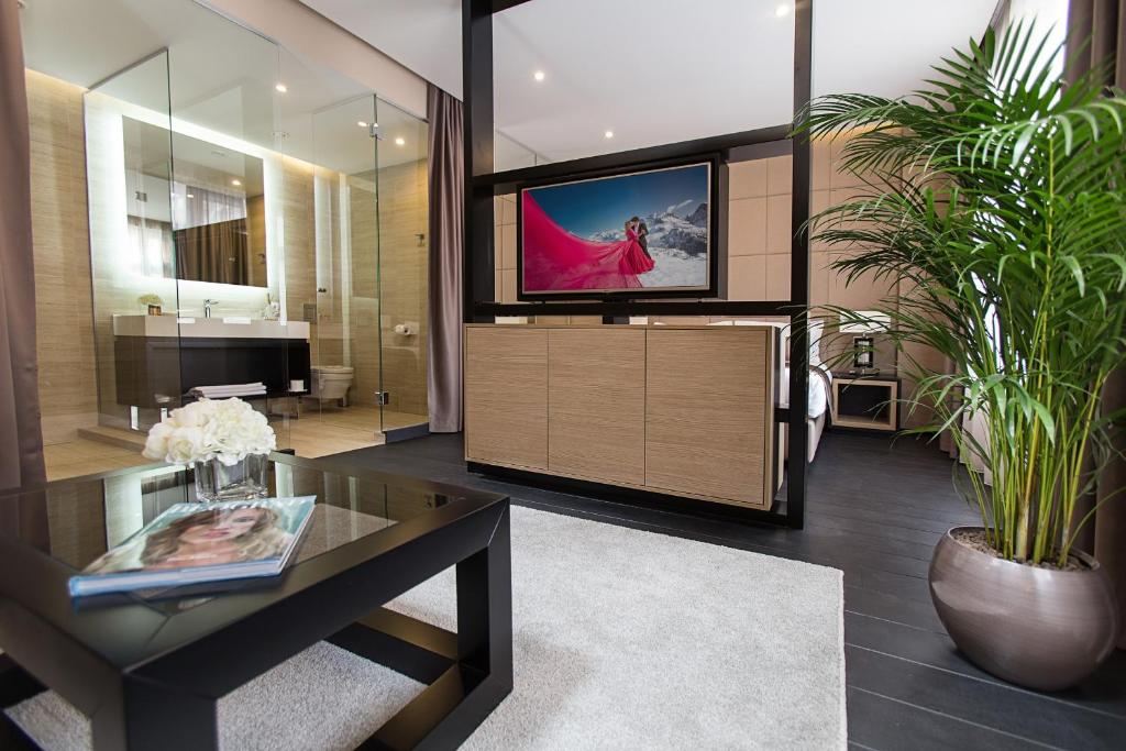 贝尔格莱德共和国广场多米尼克时尚豪华旅馆的客厅配有电视和桌子