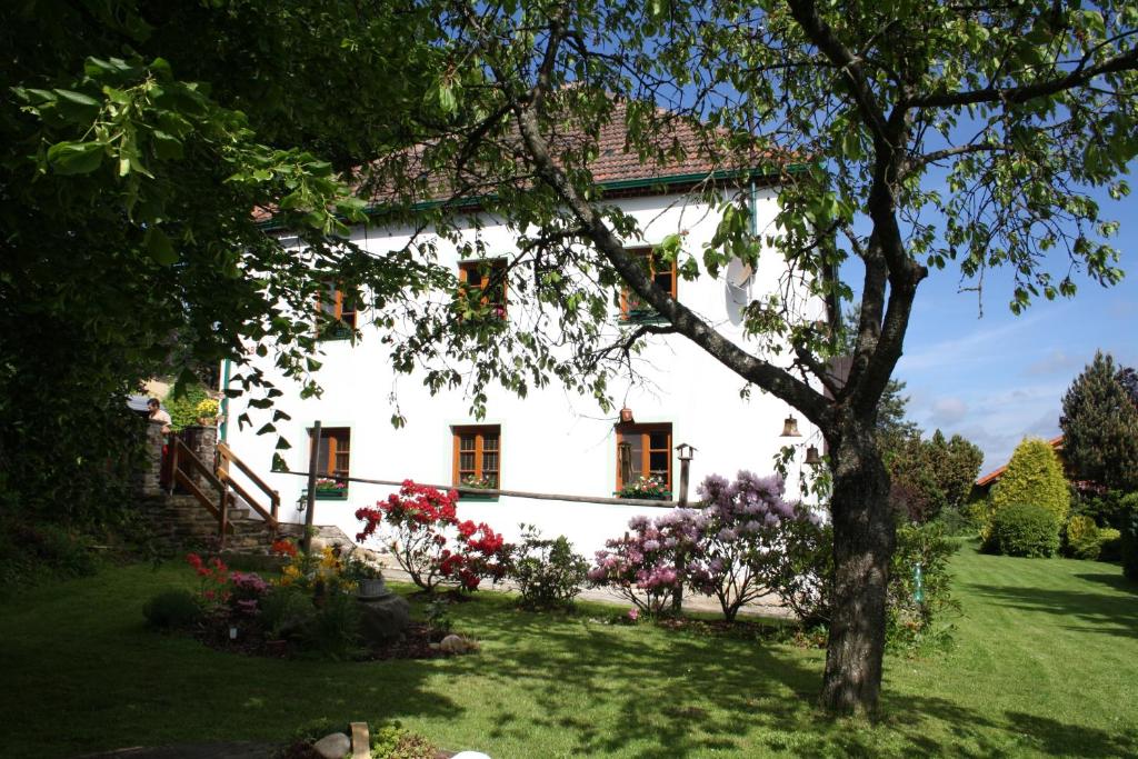舒马瓦山区霍日采Apartmán Hořice na Šumavě的院子里有树的白色房子