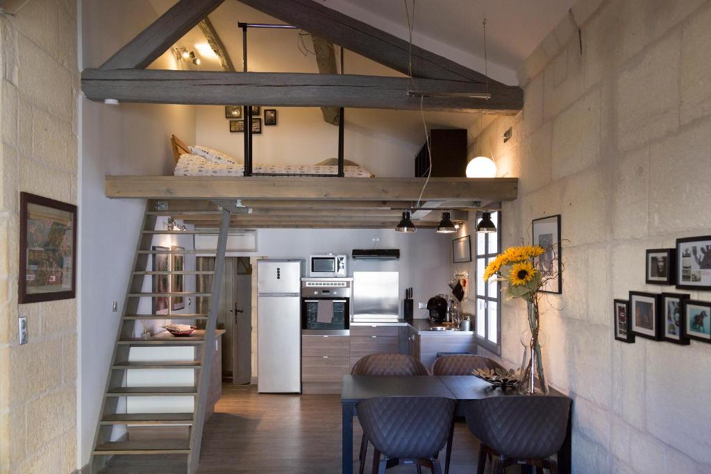 阿尔勒Appartements "La Chambre D'Ami"的带高架床的客房和带桌子的厨房