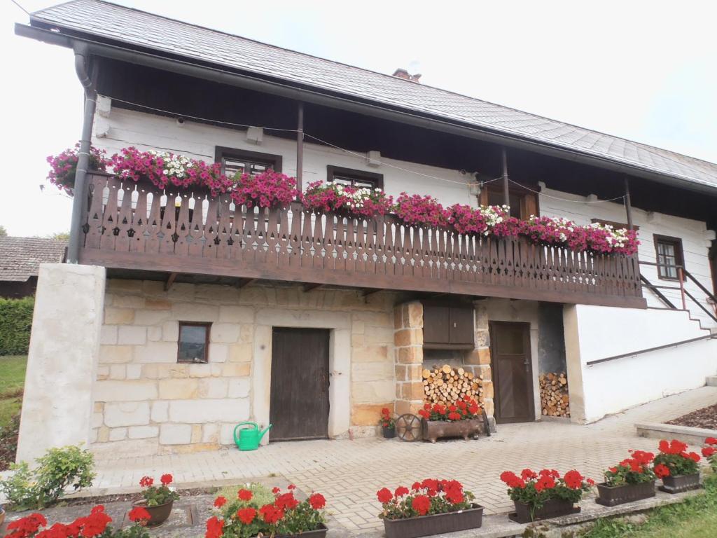 赫鲁巴斯卡拉Roubenka Doubravice的一座带鲜花阳台的建筑