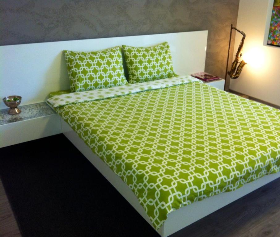 蒂米什瓦拉The Kiss Apartment的一张带绿色被子和枕头的床