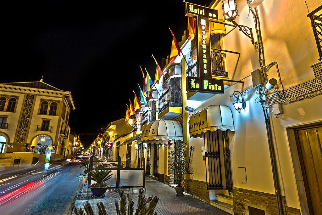 帕洛斯德拉夫龙特拉拉皮塔酒店的街道边有旗帜的建筑