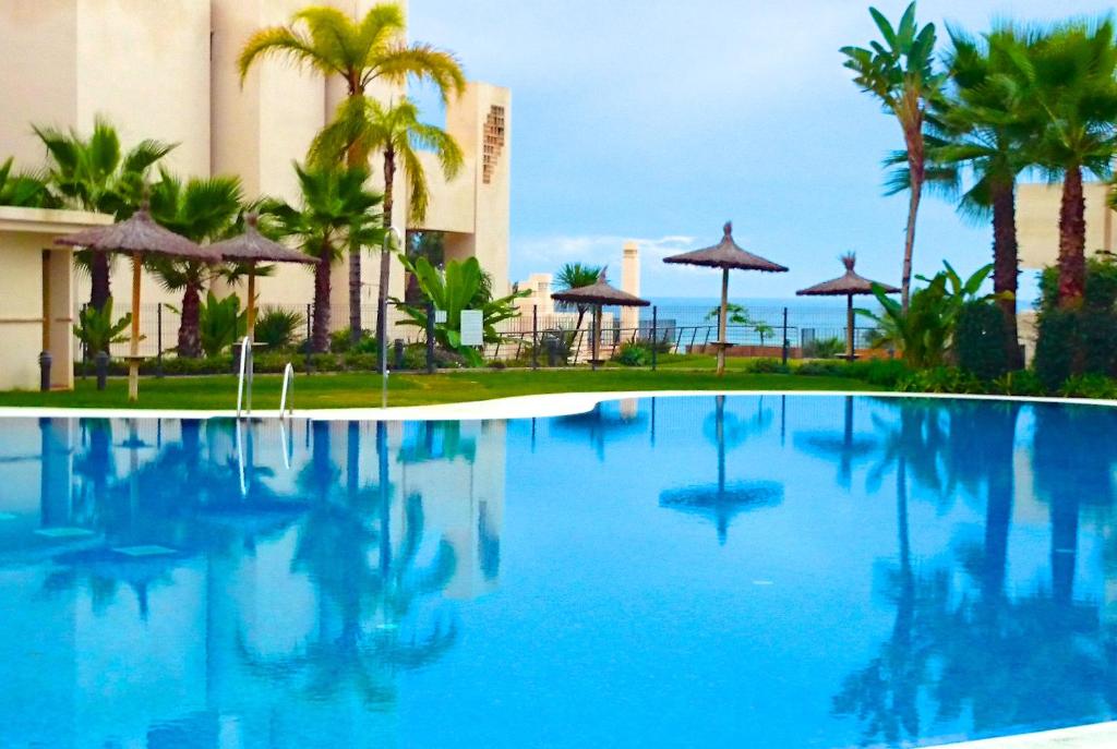 EsteponaBahia De La Plata 1A的棕榈树酒店前的游泳池