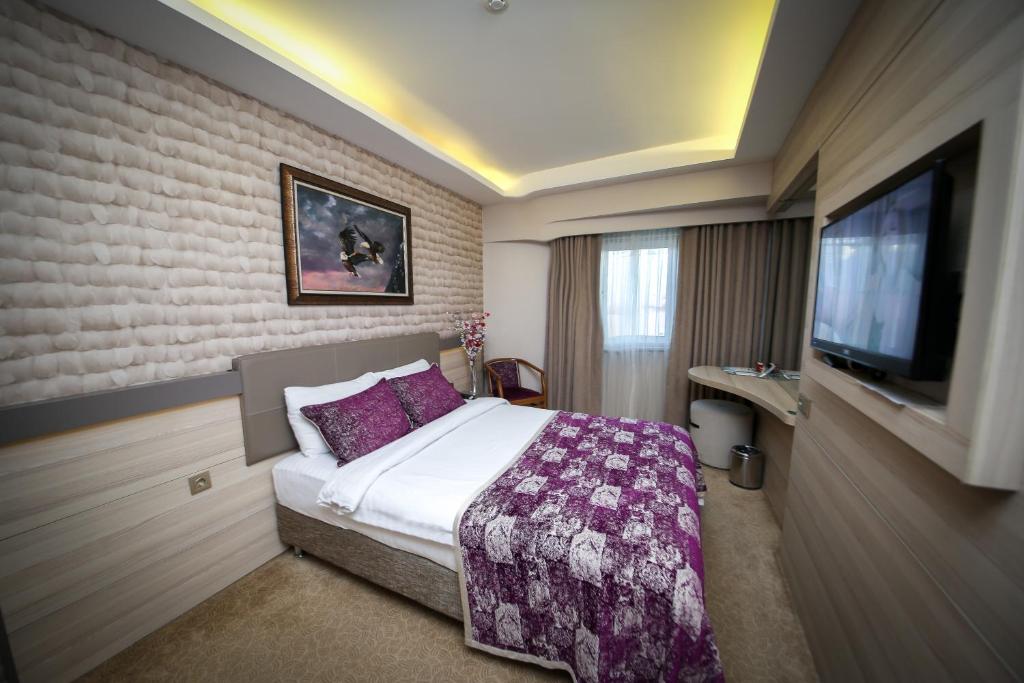 巴勒克埃西尔阿斯亚酒店的一间酒店客房,配有一张床和一台电视